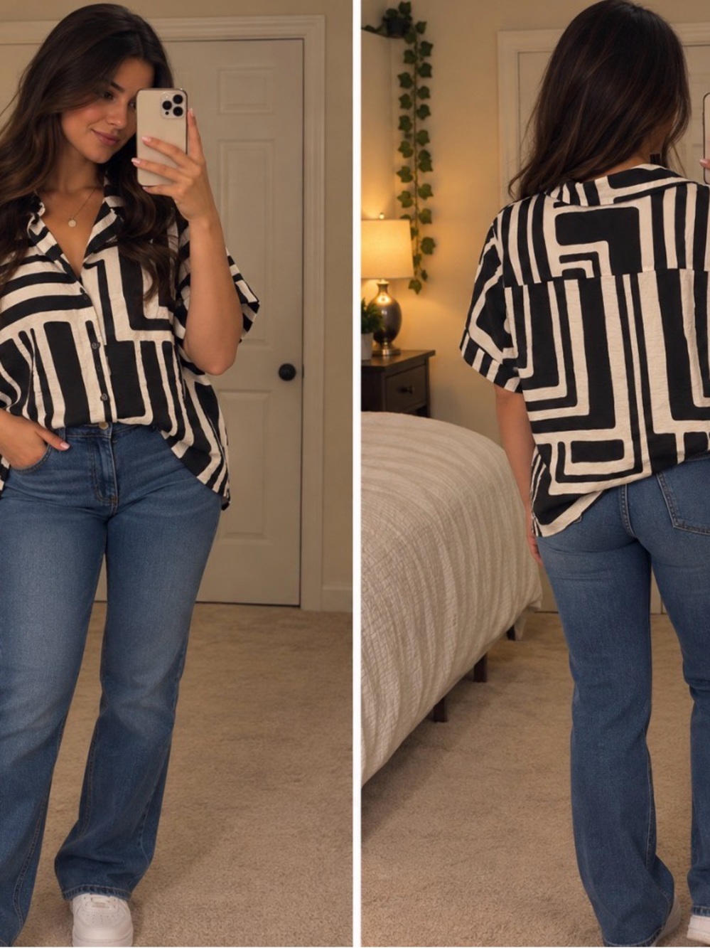 H&M Black & White Geometric Short Sleeve Button-Down